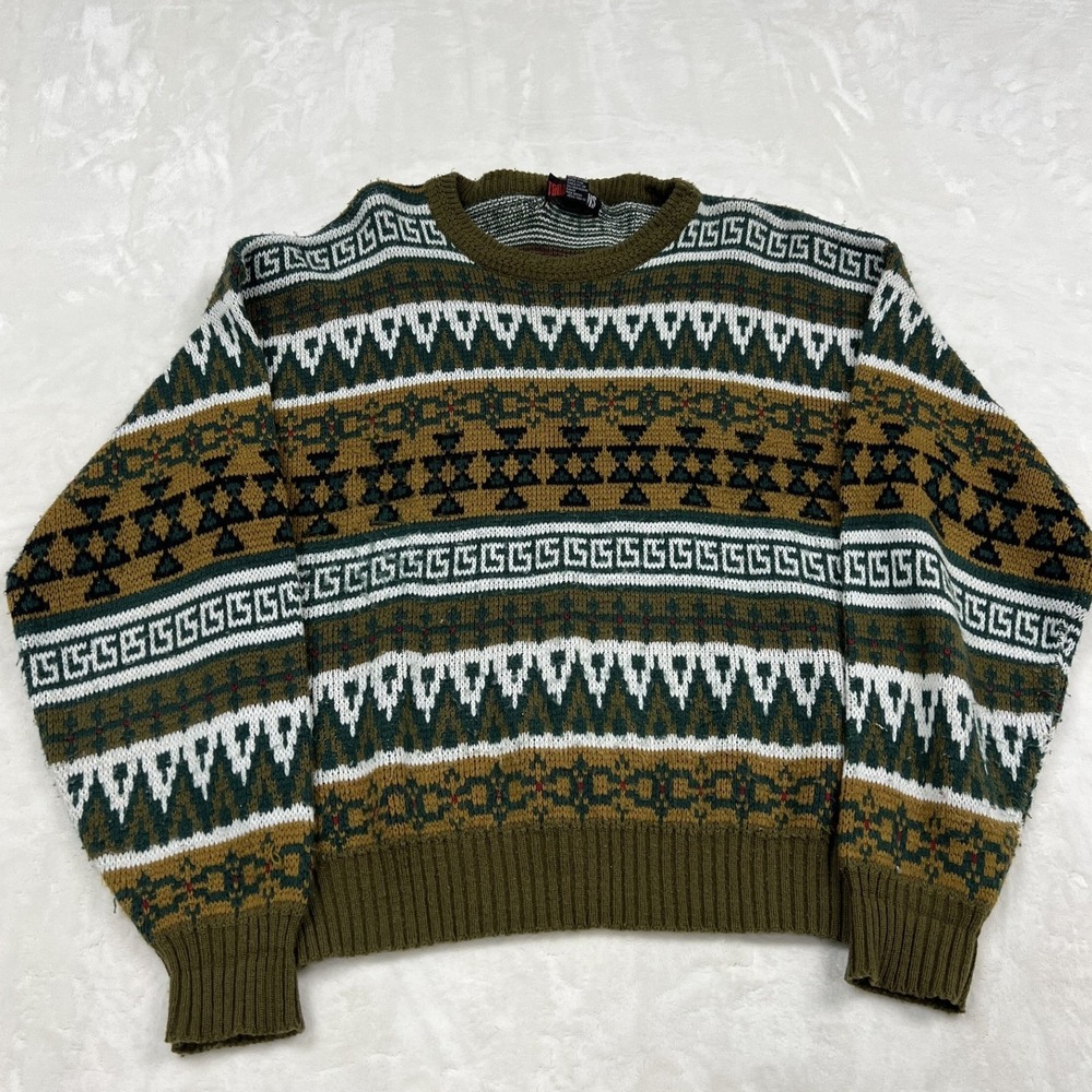 Todays News Sweater Mens XL Green Geometric Fair Isle Knit Crewneck Vintage